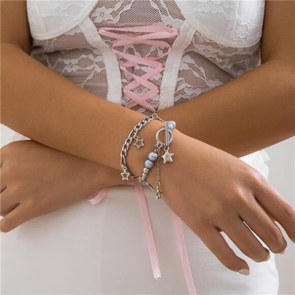 Silver Star Necklace Set Y2K Layered Chain Cute Kawaii Grunge Emo Jewelry - Picture 4 of 8